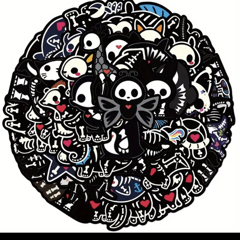 Black and White Cartoon Cat Faces with Skeletons 17 Pack